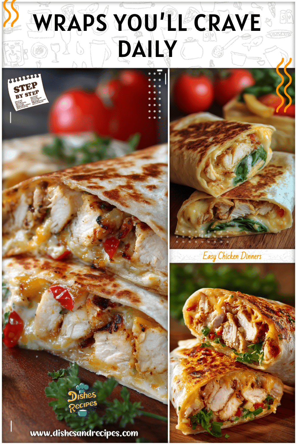 Close-up of a cheesy garlic chicken wrap sliced diagonally showing tender chicken and melted cheese.